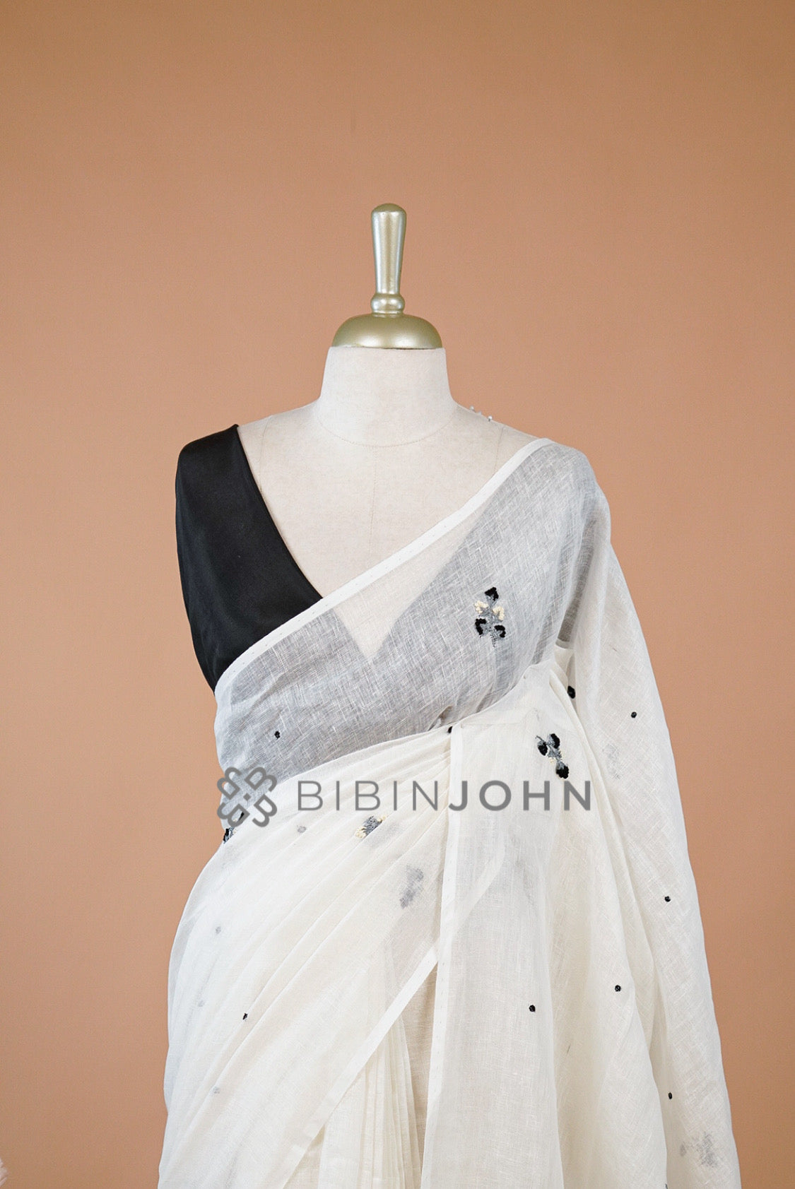 Linen Embroidery Saree For Women Ivory close view.