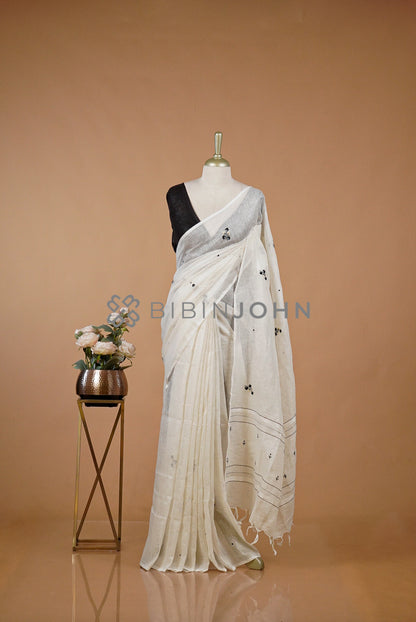 Linen Embroidery Saree For Women Ivory