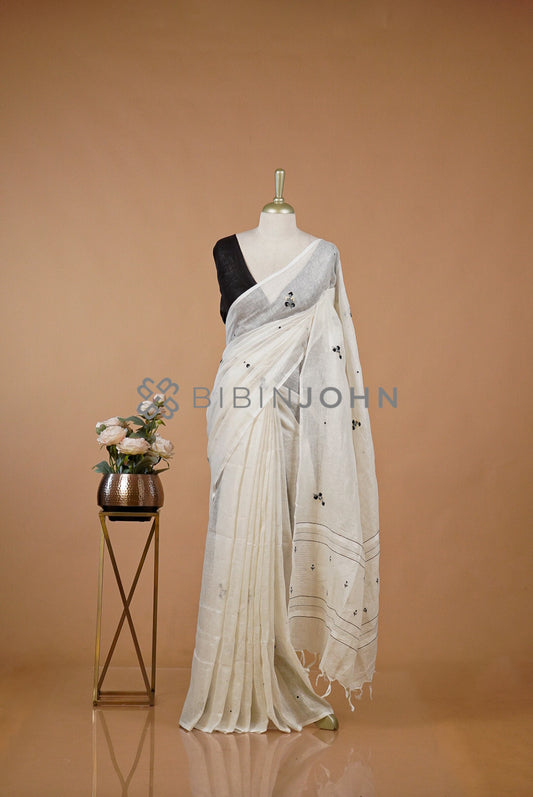 Linen Embroidery Saree For Women Ivory