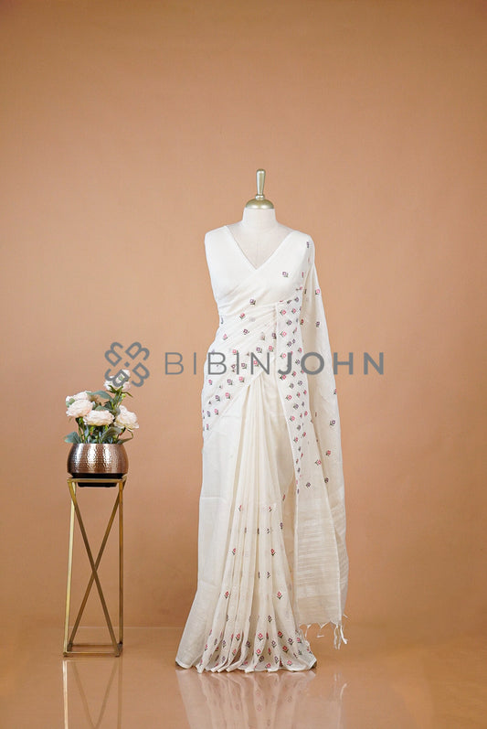 Linen Embroidery Saree For Women White 