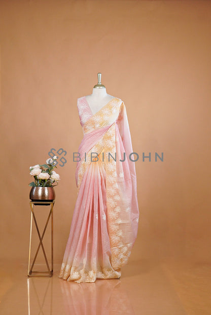 Cotta Embroidery Saree For Women Blush Pink