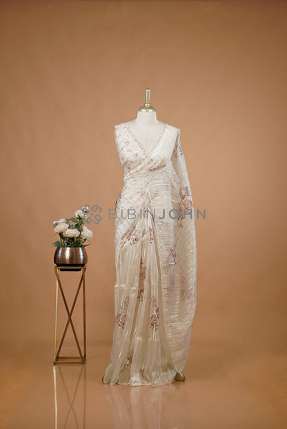 Tissue Handwork Embroidery Saree For Women Pearl Ivory