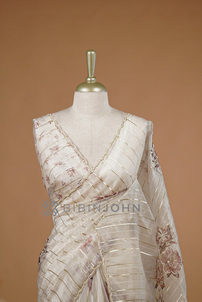 Tissue Handwork Embroidery Saree For Women Pearl Ivory CLOSE VIEW