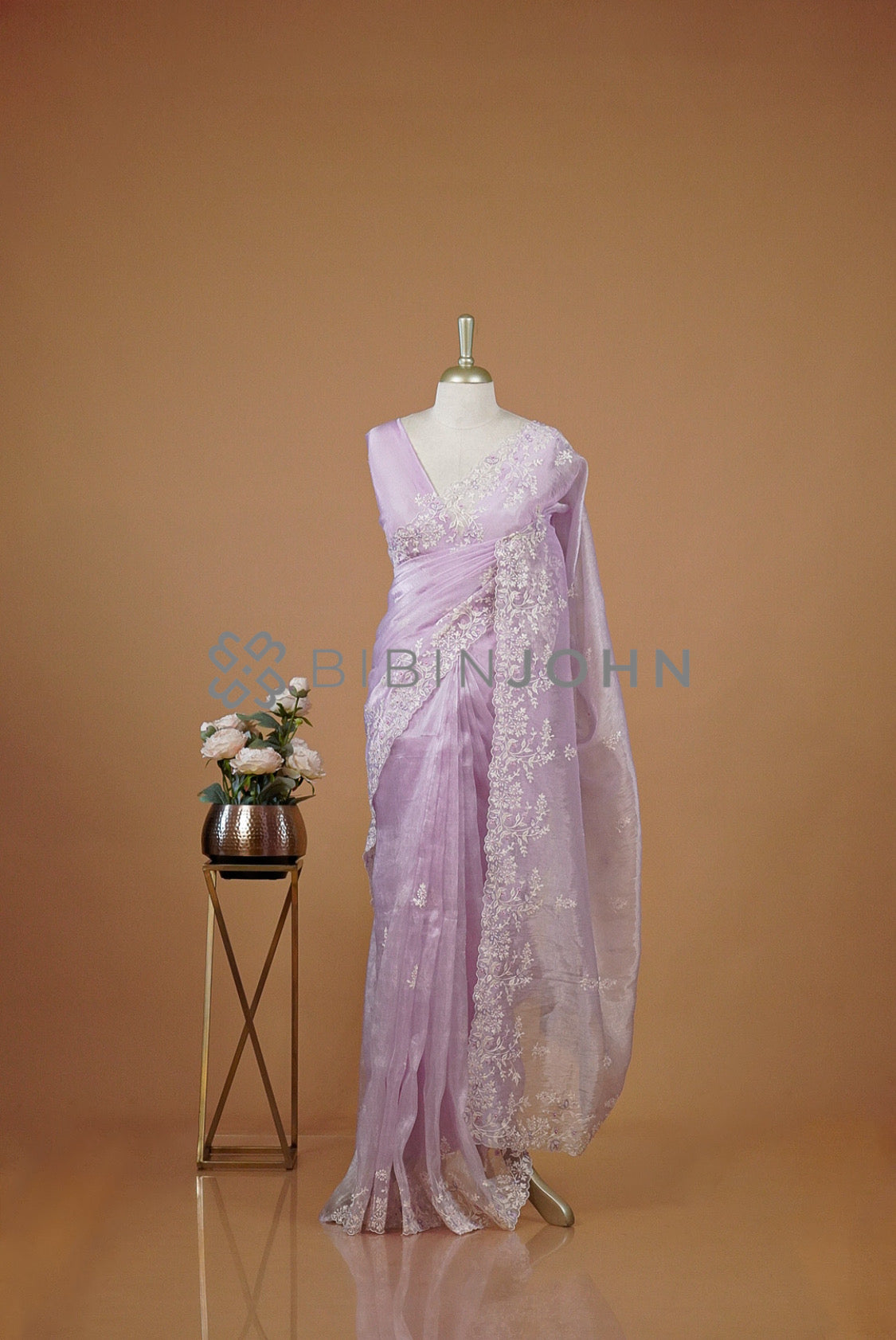 Tissue Organza Embroidery Saree For Women Lavender