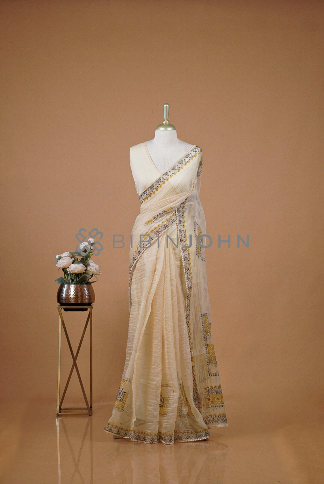 Tissue Organza Embroidery Saree For Women Ivory Cream