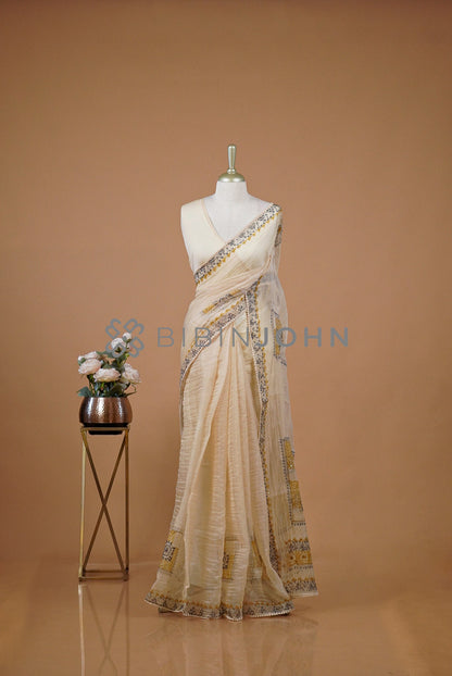 Tissue Organza Embroidery Saree For Women Ivory Cream