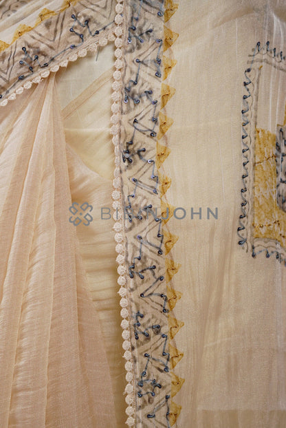 Tissue Organza Embroidery Saree For Women Ivory Cream SIDE VIEW