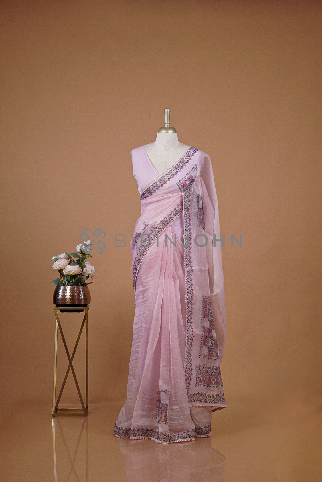 Tissue Organza Embroidery Saree For Women Blush Pink
