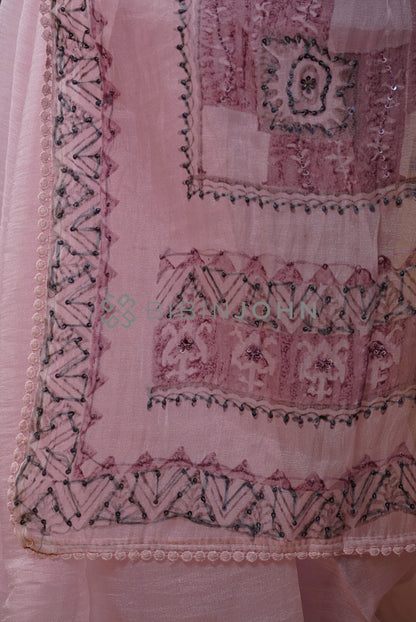 Tissue Organza Embroidery Saree For Women Blush Pink PALLU.