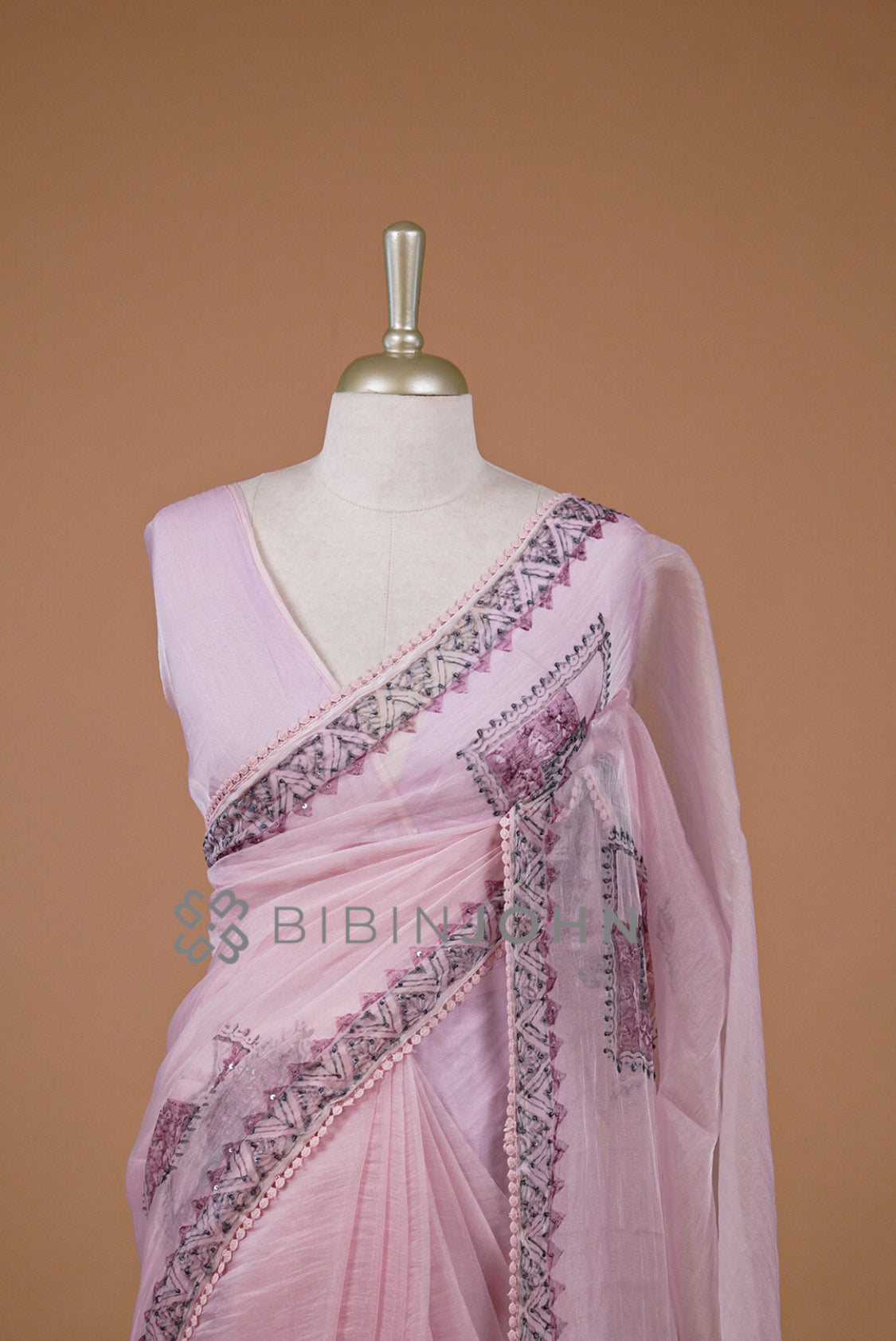 Tissue Organza Embroidery Saree For Women Blush Pink CLOSE VIEW