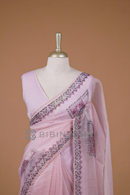 Tissue Organza Embroidery Saree For Women Blush Pink CLOSE VIEW