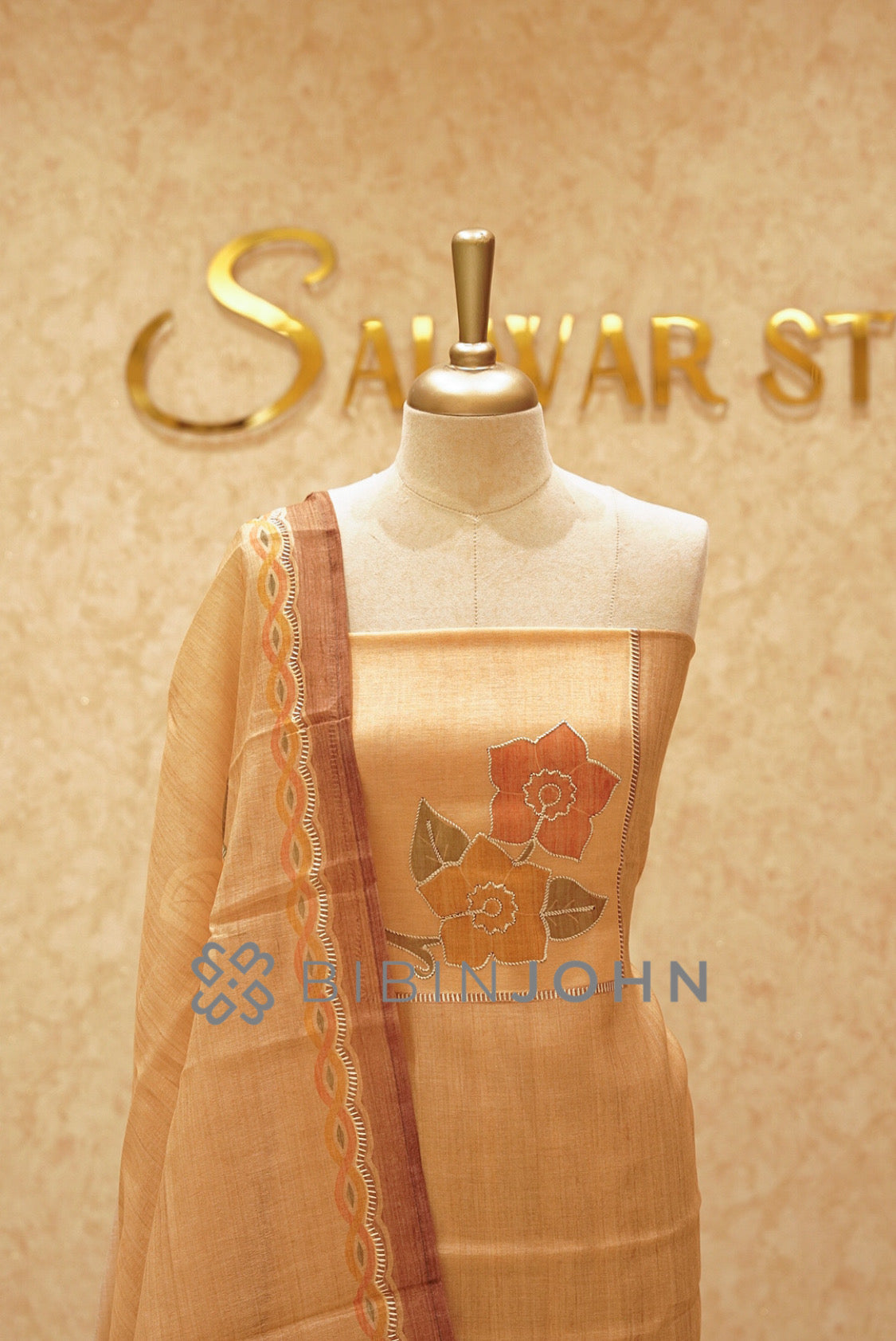 Chanderi Embroidery Unstitched Salwar Suit Material Golden Beige