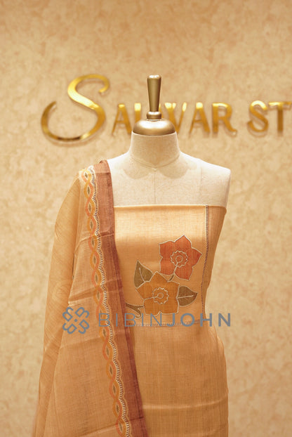 Chanderi Embroidery Unstitched Salwar Suit Material Golden Beige
