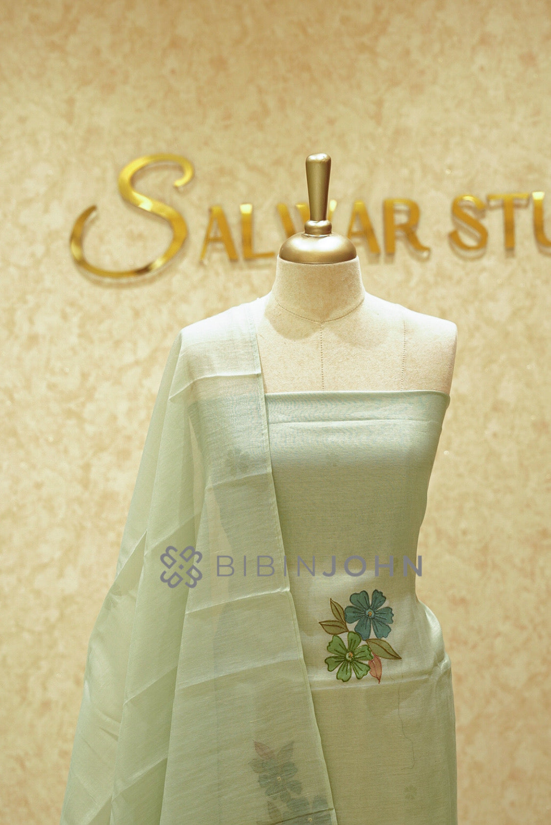 Chanderi Embroidery Unstitched Salwar Suit Material Pistachio Mint Green  close view
