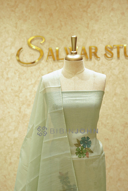 Chanderi Embroidery Unstitched Salwar Suit Material Pistachio Mint Green  close view