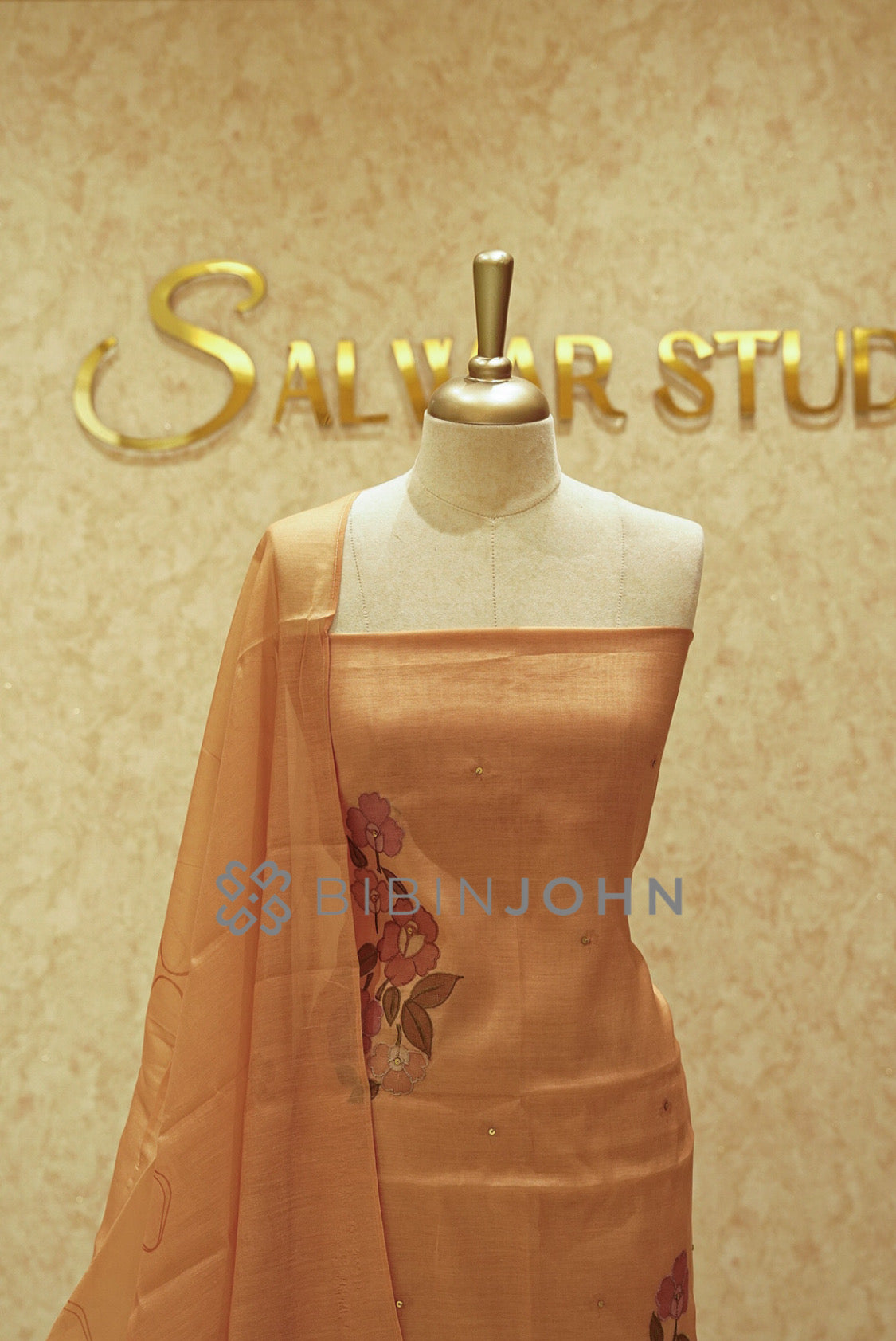 Chanderi Embroidery Unstitched Salwar Suit Material Golden Peach CLOSE VIEW