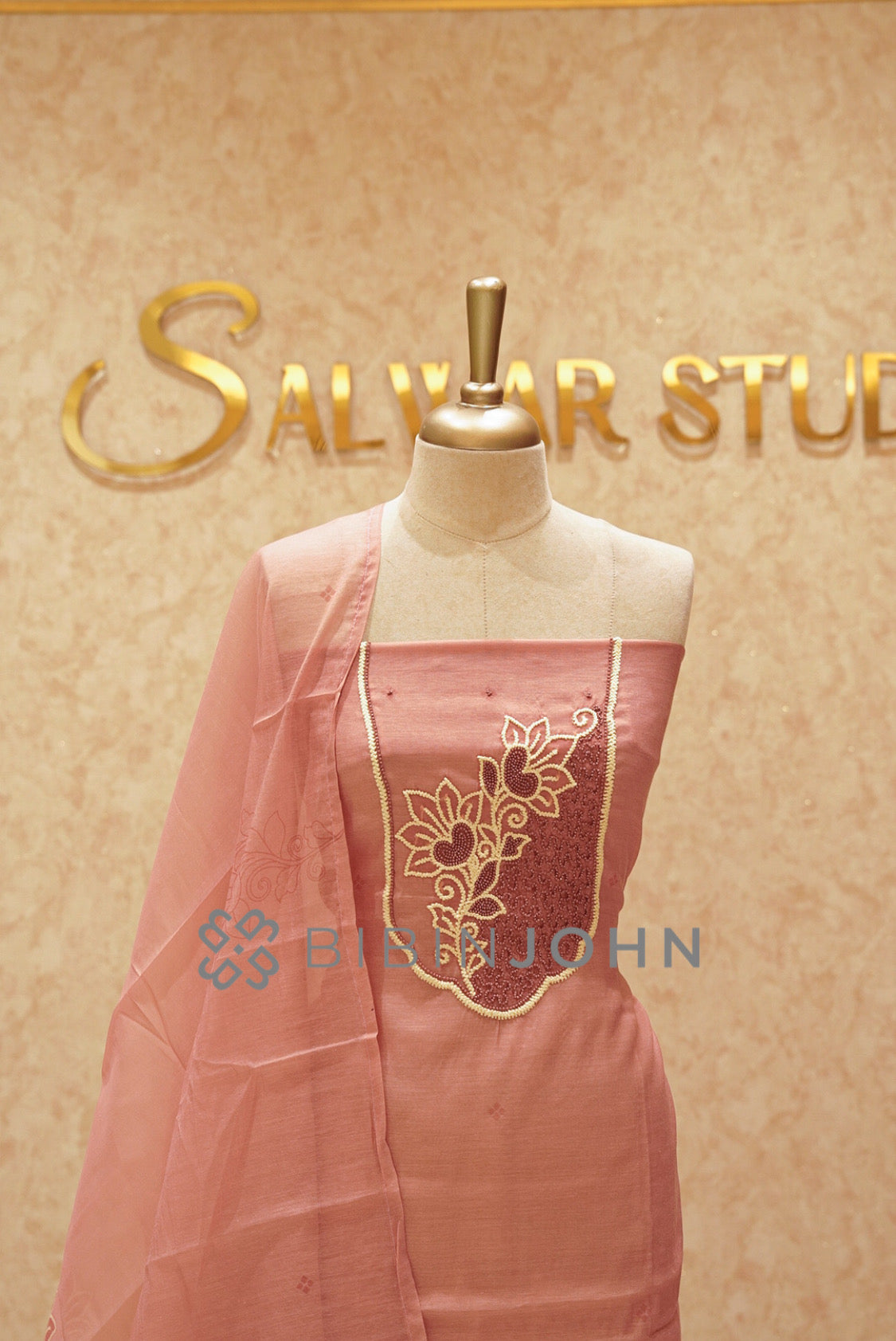 Chanderi Embroidery Unstitched Salwar Suit Material Dusty Rose CLOSE VIEW