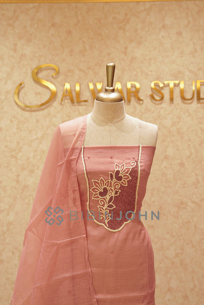 Chanderi Embroidery Unstitched Salwar Suit Material Dusty Rose CLOSE VIEW