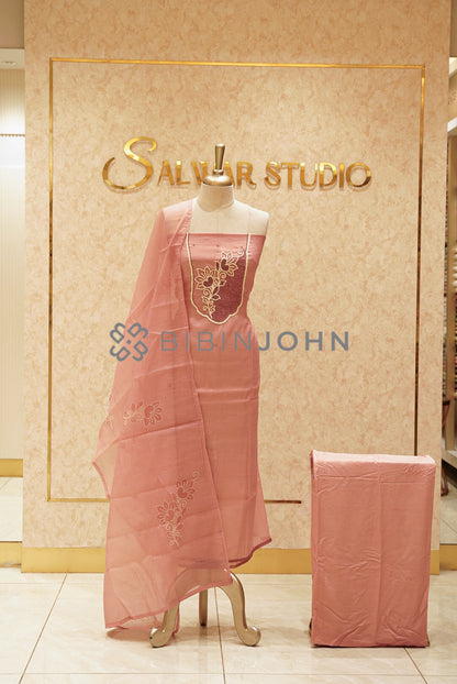 Chanderi Embroidery Unstitched Salwar Suit Material Dusty Rose