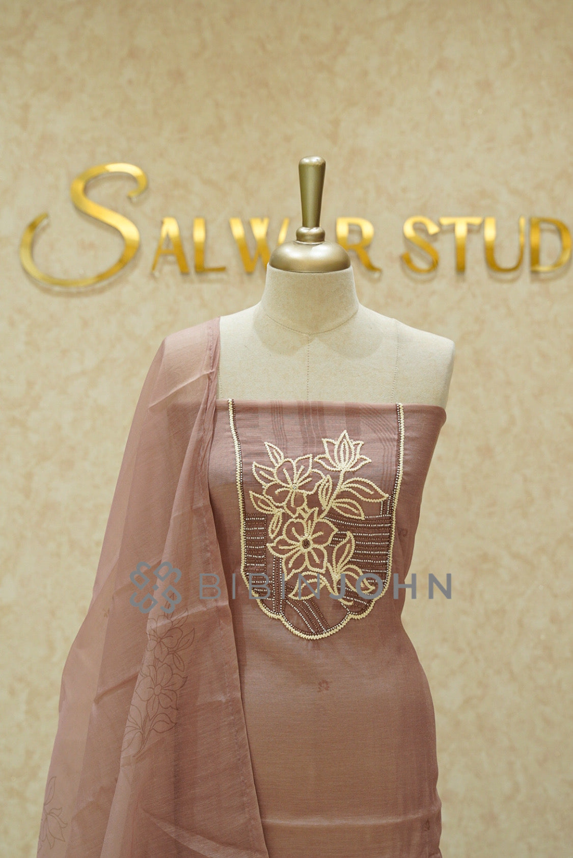 Chanderi Embroidery Unstitched Salwar Suit Material Dusty Rose Brown CLOSE VIEW