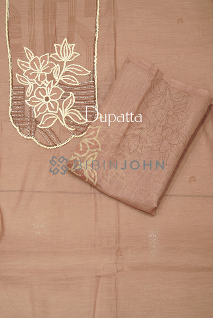 Chanderi Embroidery Unstitched Salwar Suit Material Dusty Rose Brown DUPATTA