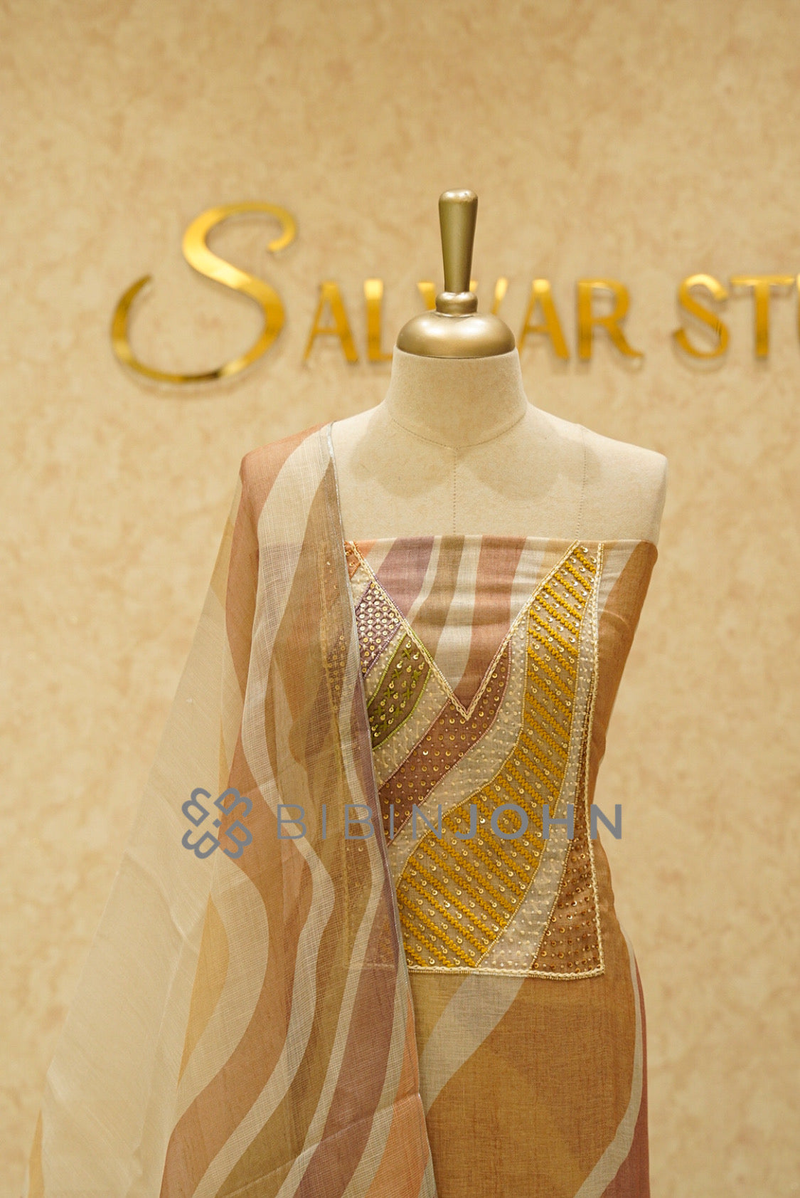 Art Linen Unstitched Salwar Suit Material Sand Beige CLOSE VIEW