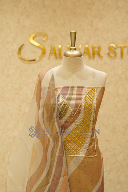 Art Linen Unstitched Salwar Suit Material Sand Beige CLOSE VIEW