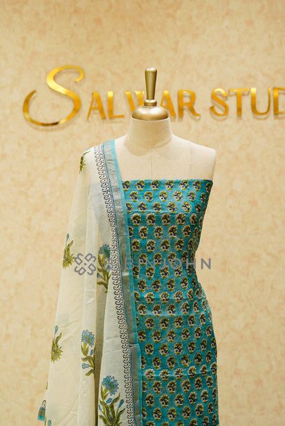 Printed Chanderi Unstitched Salwar Suits Material Aqua Turquoise CLOSE VIEW