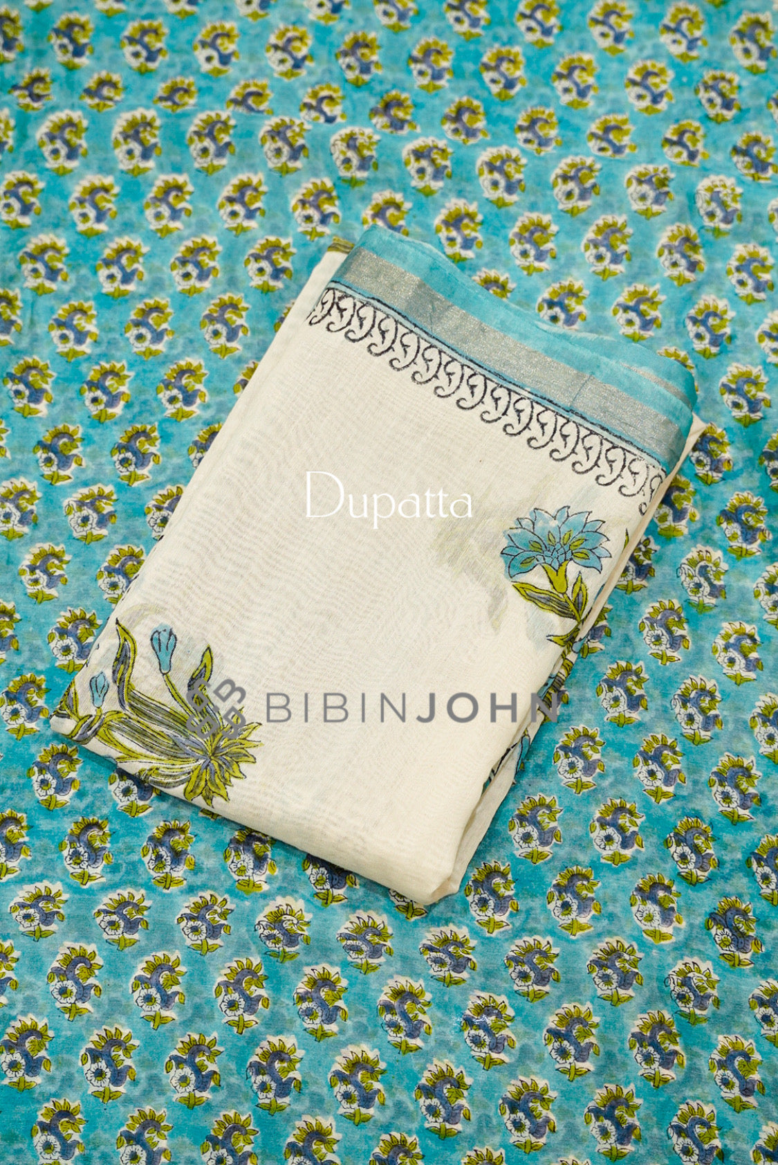 Printed Chanderi Unstitched Salwar Suits Material Aqua Turquoise DUPATTA
