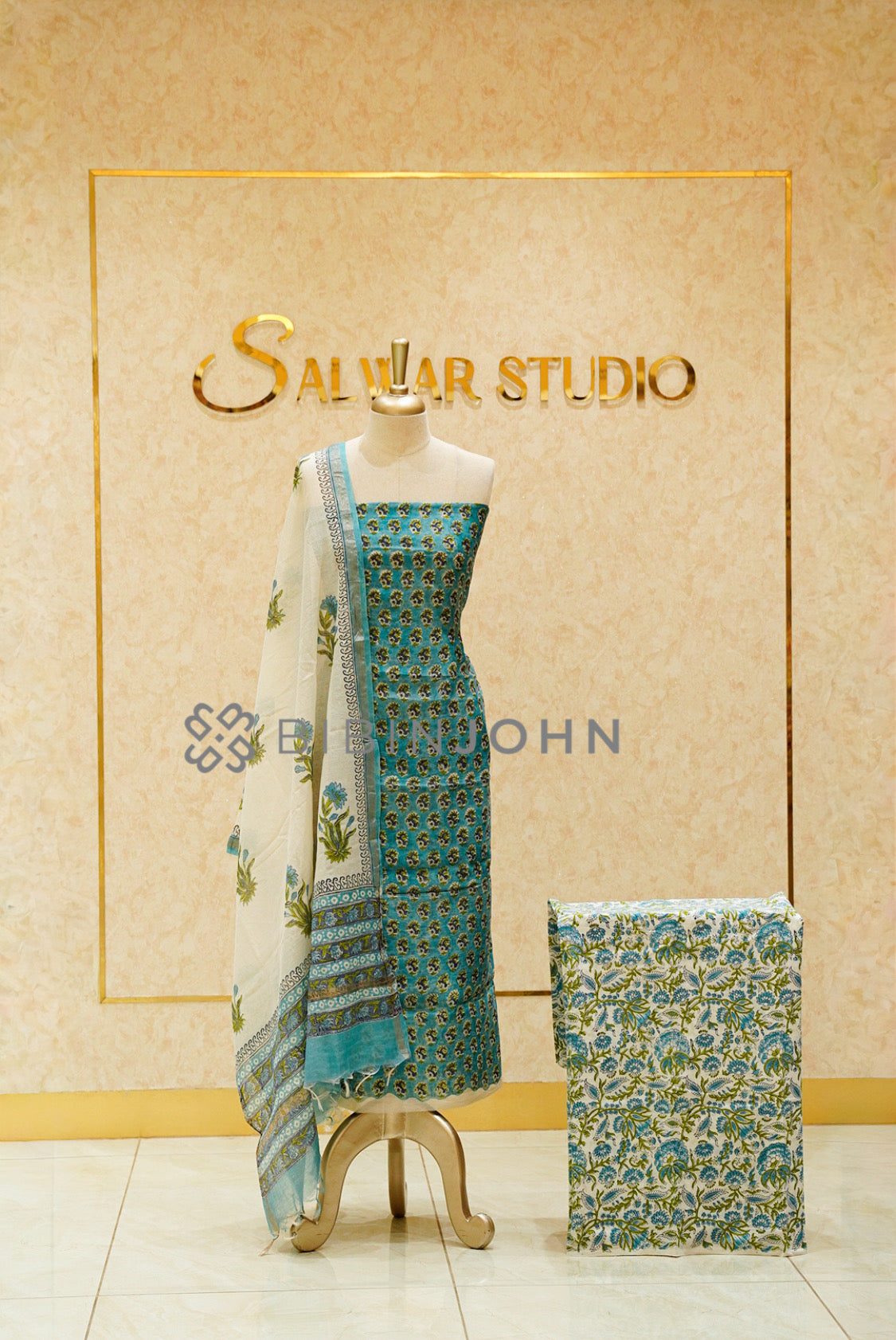 Printed Chanderi Unstitched Salwar Suits Material Aqua Turquoise