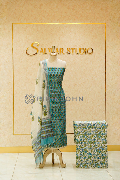 Printed Chanderi Unstitched Salwar Suits Material Aqua Turquoise