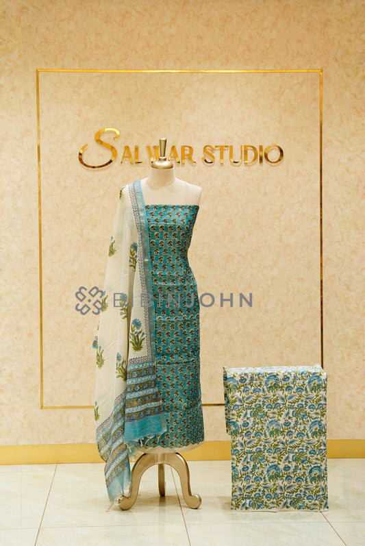 Printed Chanderi Unstitched Salwar Suits Material Aqua Turquoise