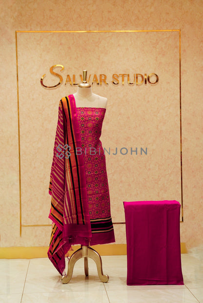 Printed Chanderi Unstitched Salwar Suits Material Rani Pink 