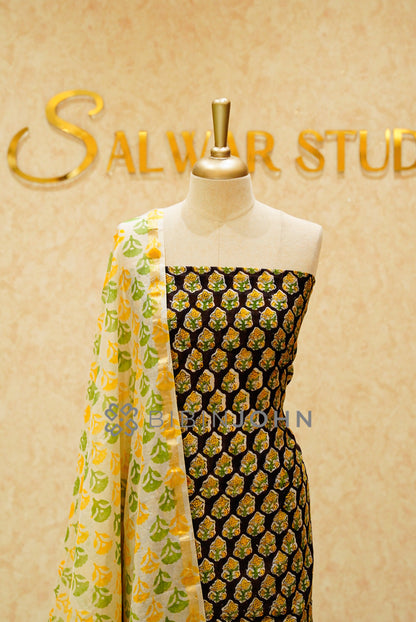 Printed Chanderi Unstitched Salwar Suits Material Black CLOSE VIEW