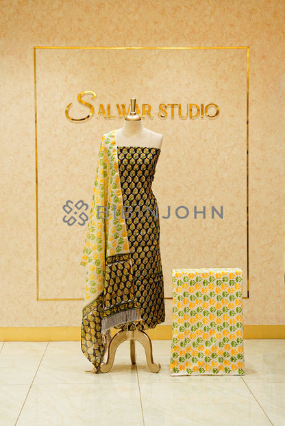Printed Chanderi Unstitched Salwar Suits Material Black