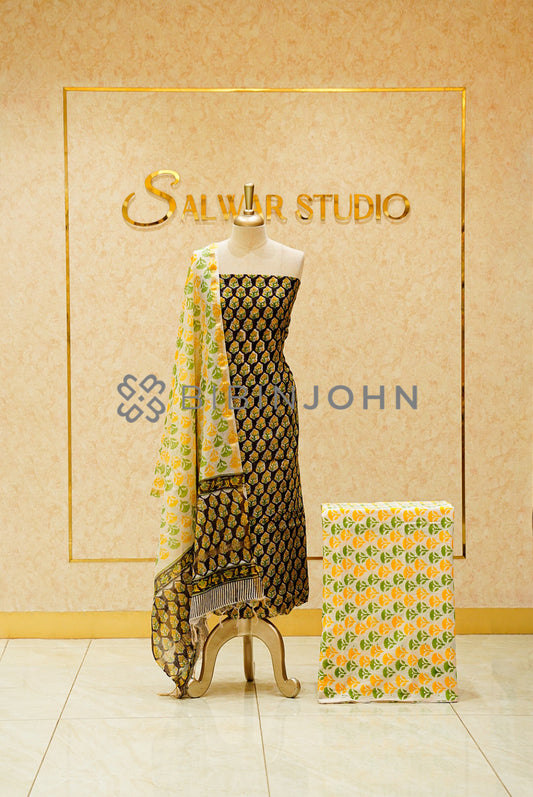 Printed Chanderi Unstitched Salwar Suits Material Black