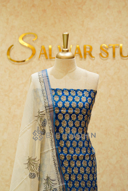 Printed Chanderi Unstitched Salwar Suits Material Royal Blue CLOSE VIEW