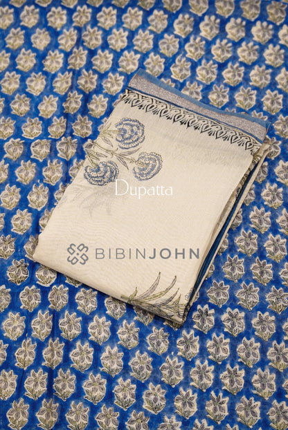 Printed Chanderi Unstitched Salwar Suits Material Royal Blue DUPATTA