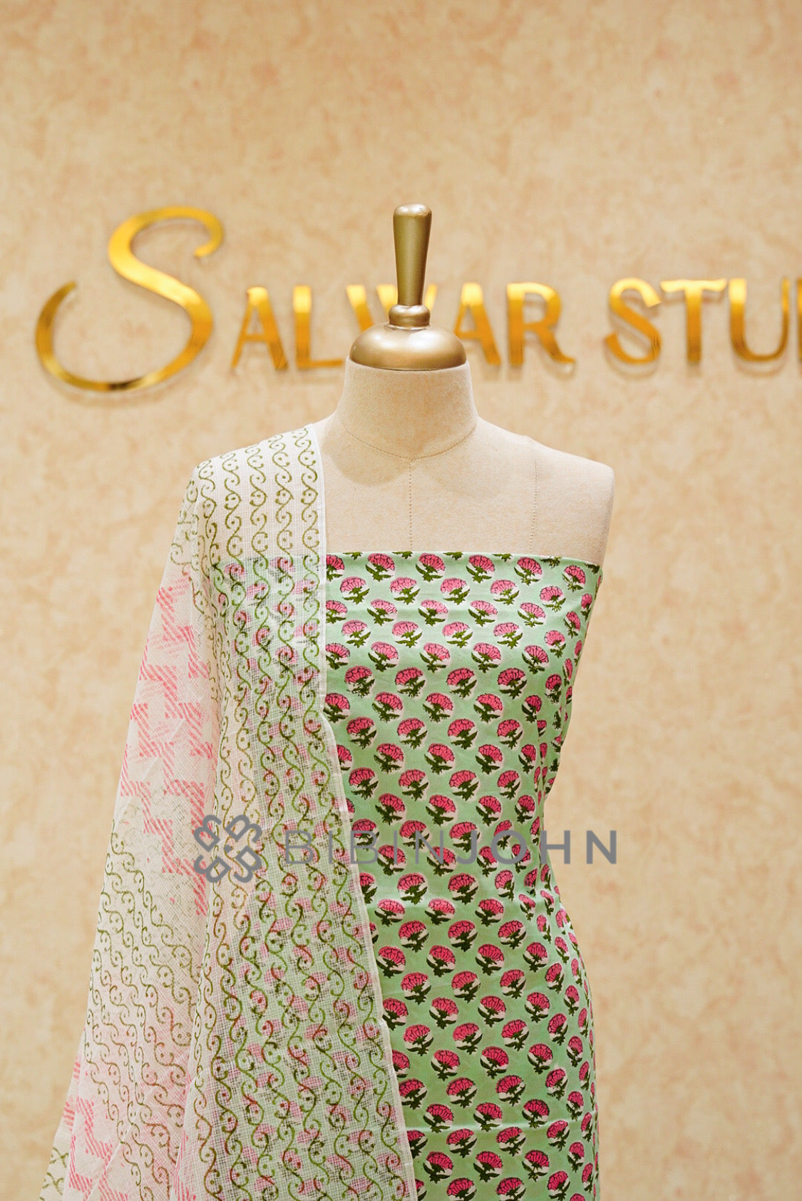 Printed Cotton Unstitched Salwar Suit Material Mint Green CLOSE VIEW