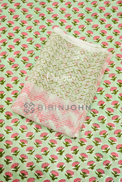 Printed Cotton Unstitched Salwar Suit Material Mint Green DUPATTA