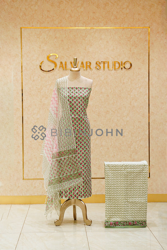 Printed Cotton Unstitched Salwar Suit Material Mint Green