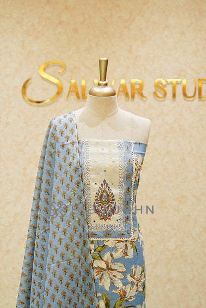 Cotton Embroidery Unstitched Salwar Suit Material Powder Blue CLOSE VIEW