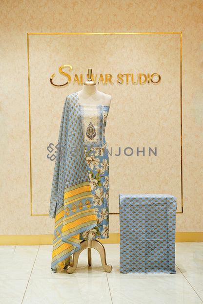 Cotton Embroidery Unstitched Salwar Suit Material Powder Blue 