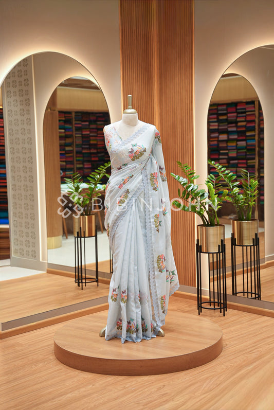 Cotta Embroidery Saree For Women Mist Grey-Blue 