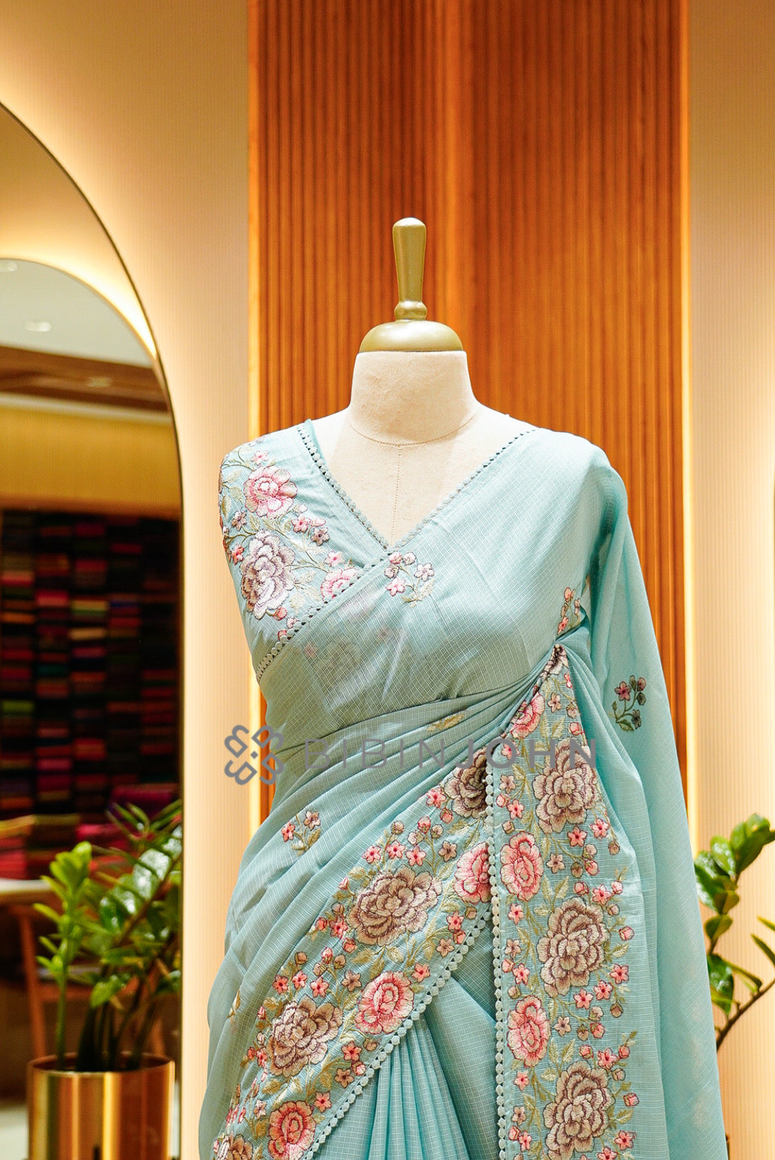 Cotta Embroidery Saree For Women Pastel Aqua Blue close view