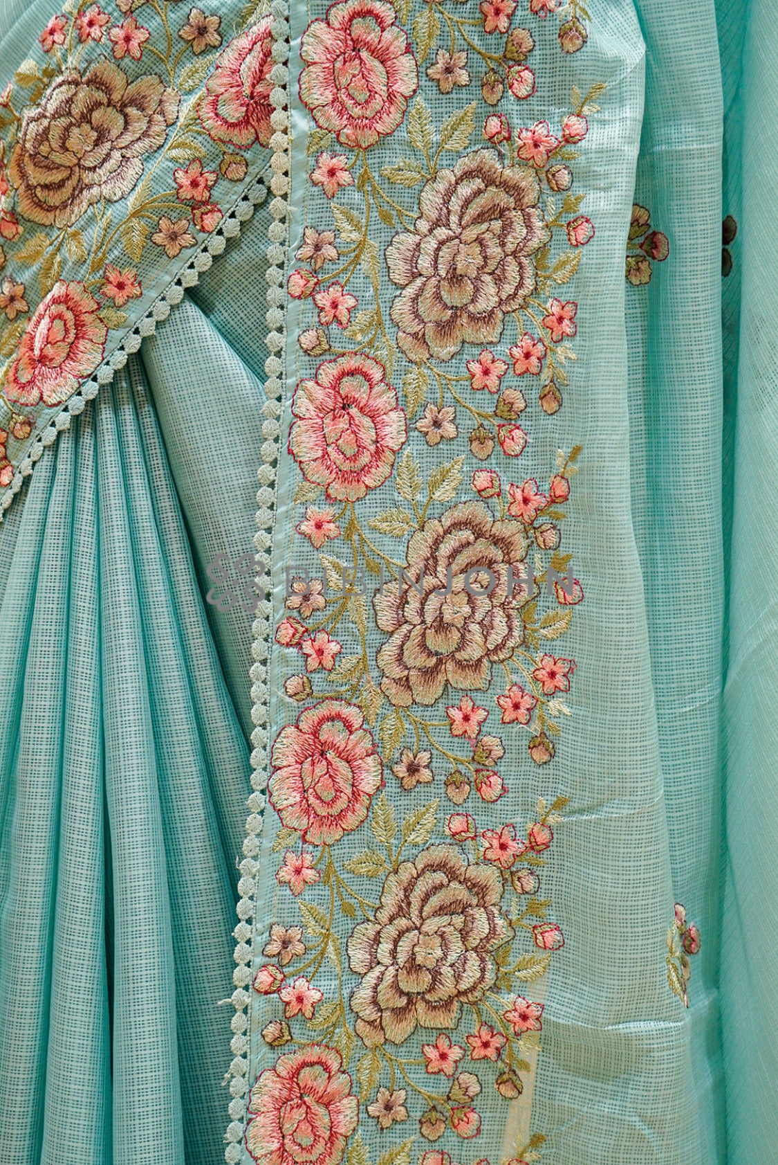 Cotta Embroidery Saree For Women Pastel Aqua Blue side view