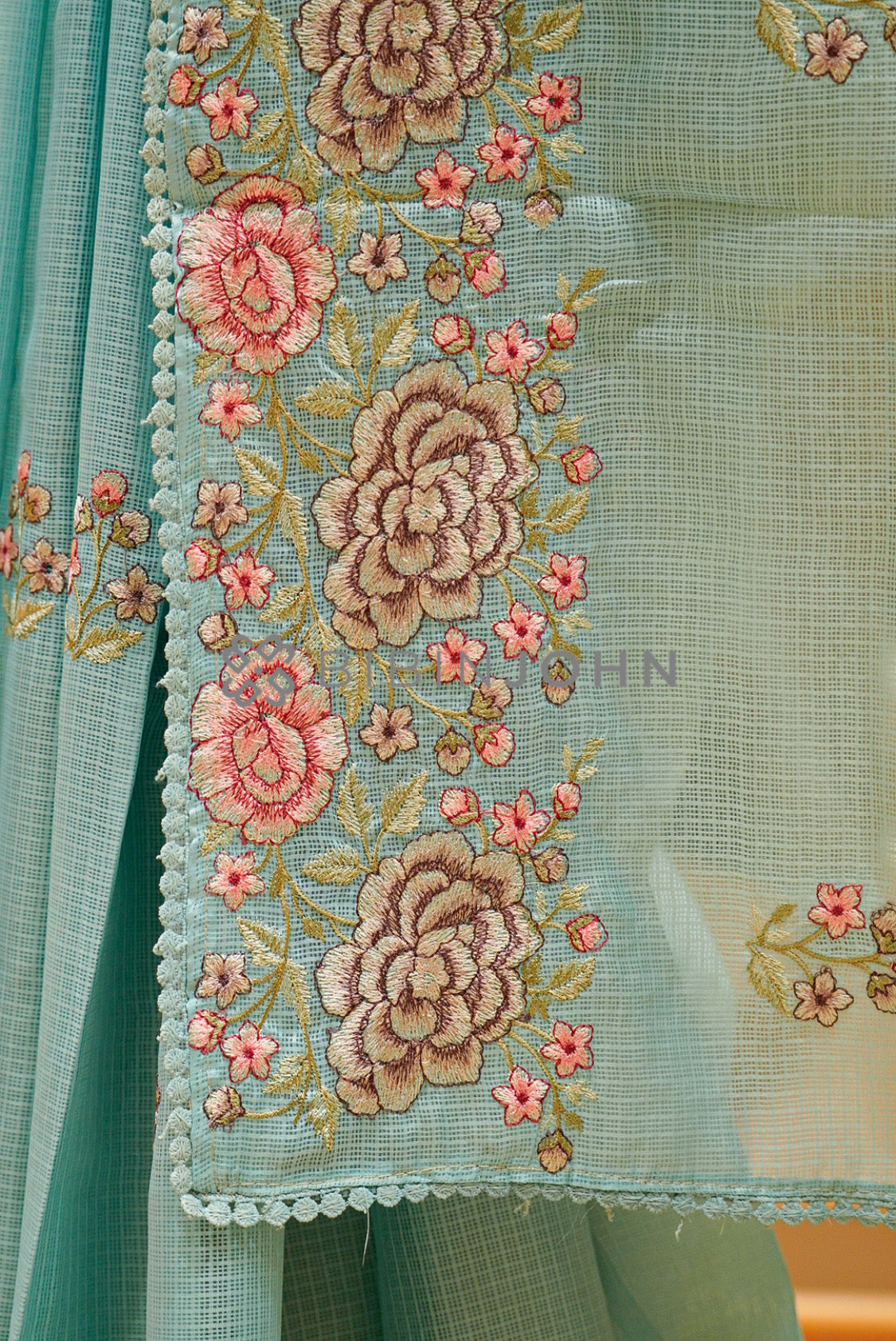 Cotta Embroidery Saree For Women Pastel Aqua Blue pallu