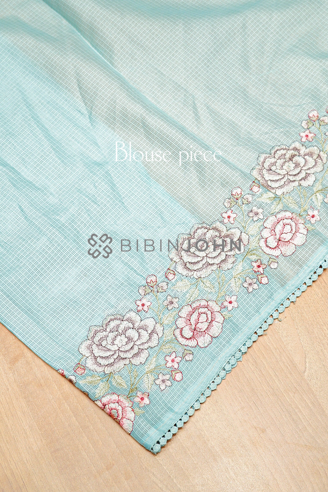 Cotta Embroidery Saree For Women Pastel Aqua Blue blouse piece