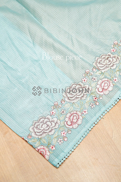 Cotta Embroidery Saree For Women Pastel Aqua Blue blouse piece