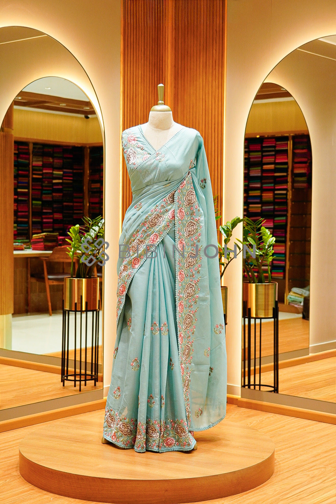 Cotta Embroidery Saree For Women Pastel Aqua Blue